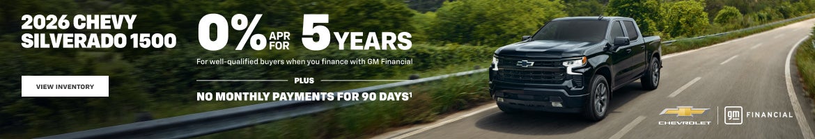 2026 Chevy Silverado 1500. 0% APR for 5 years for well-qualified buyers when you finance with GM ...
